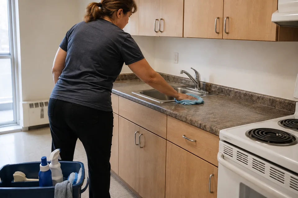 A cleaner wiping a kitchen counter with a cloth in an empty apartment.