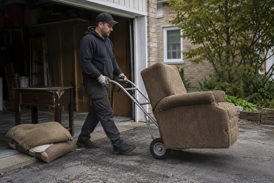 A worker wheeling a worn armchair out of a garage with a hand truck.